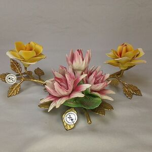 Capodimonte Porcelain Pink Oriental Lillies Yellow Roses Flower Metal Stem Leave
